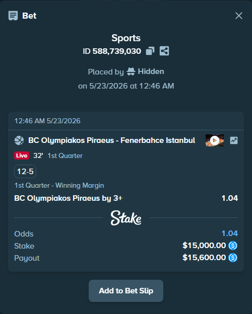 Bet slip: BC Olympiakos Piraeus - Fenerbahce Istanbul, $15,000.00 stake at 1.04 odds, placed by Hidden