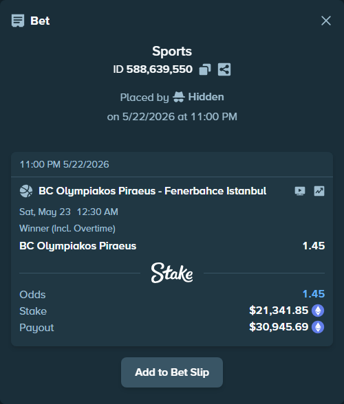 Bet slip: BC Olympiakos Piraeus - Fenerbahce Istanbul, $17,377.89 stake at 1.45 odds, placed by Hidden