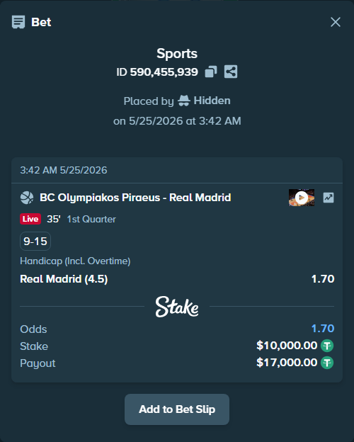 Bet slip: BC Olympiakos Piraeus - Real Madrid, $10,000.00 stake at 1.70 odds, placed by Hidden
