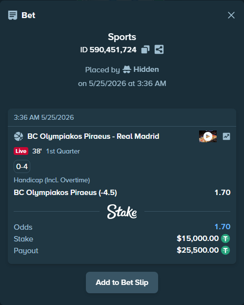 Bet slip: BC Olympiakos Piraeus - Real Madrid, $15,000.00 stake at 1.70 odds, placed by Hidden