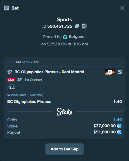 Bet slip: BC Olympiakos Piraeus - Real Madrid, $37,000.00 stake at 1.40 odds, placed by Betyoner