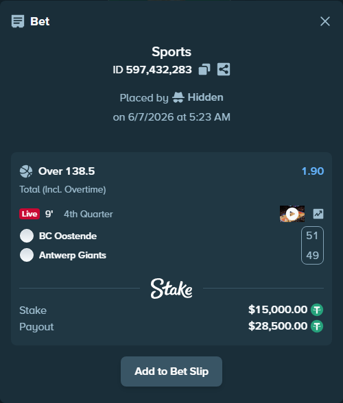 Bet slip: BC Oostende - Antwerp Giants, $15,000.00 stake at 1.90 odds, placed by Hidden