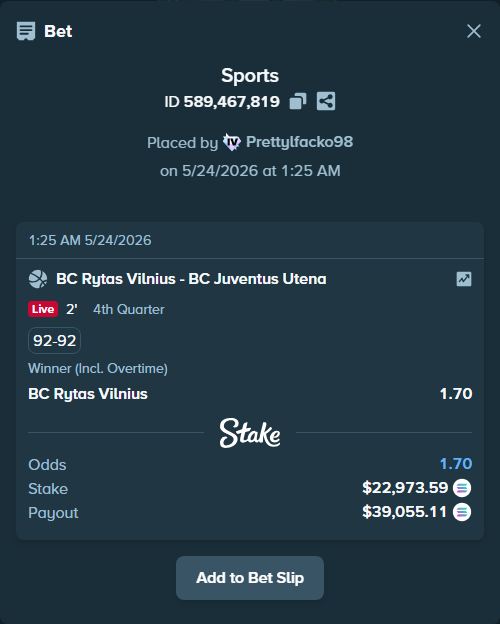 Bet slip: BC Rytas Vilnius - BC Juventus Utena, $20,136.71 stake at 1.70 odds, placed by Prettylfacko98