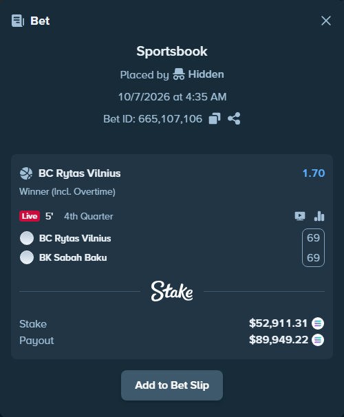 Bet slip: BC Rytas Vilnius - BK Sabah Baku, $52,776.98 stake at 1.70 odds, placed by Prettylfacko98
