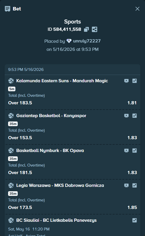 Bet slip: BC Siauliai - BC Lietkabelis Panevezys, $10,061.00 stake at 1.83 odds, placed by unruly72227