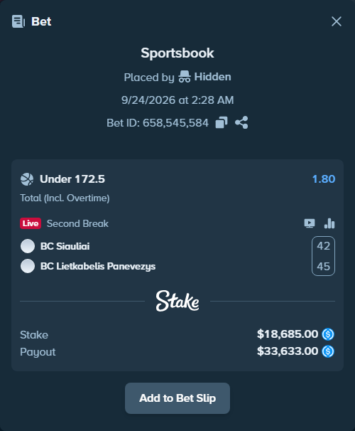 Bet slip: BC Siauliai - BC Lietkabelis Panevezys, $18,685.00 stake at 1.80 odds, placed by Hidden