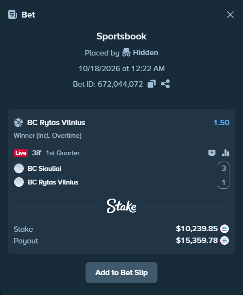 Bet slip: BC Siauliai - BC Rytas Vilnius, $10,528.12 stake at 1.50 odds, placed by Hidden