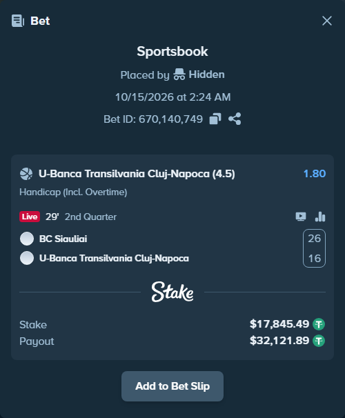 Bet slip: BC Siauliai - FC Universitatea Cluj, $17,863.34 stake at 1.80 odds, placed by Hidden
