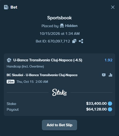 Bet slip: BC Siauliai - FC Universitatea Cluj, $33,400.00 stake at 1.92 odds, placed by Hidden