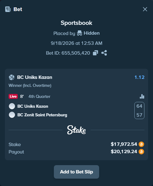 Bet slip: BC Uniks Kazan - Zenit Saint Petersburg, $18,043.07 stake at 1.12 odds, placed by Hidden