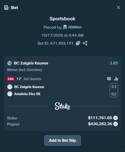 Bet slip: BC Zalgiris Kaunas - Anadolu Efes SK, $111,650.21 stake at 3.85 odds, placed by Prettylfacko98