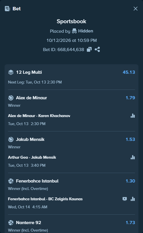 Bet slip: BC Zalgiris Kaunas - Anadolu Efes SK, $60,893.53 stake at 1.39 odds, placed by Prettylfacko98