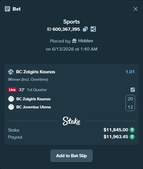 Bet slip: BC Zalgiris Kaunas - BC Juventus Utena, $11,856.84 stake at 1.01 odds, placed by Hidden