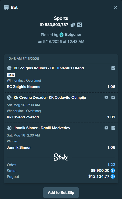 Bet slip: BC Zalgiris Kaunas - BC Juventus Utena, $9,900.00 stake at 1.06 odds, placed by Betyoner