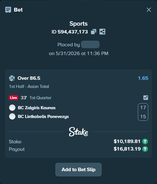 Bet slip: BC Zalgiris Kaunas - BC Lietkabelis Panevezys, $10,200.00 stake at 1.65 odds, placed by Swagger7727