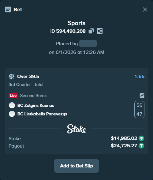 Bet slip: BC Zalgiris Kaunas - BC Lietkabelis Panevezys, $15,000.00 stake at 1.65 odds, placed by Swagger7727