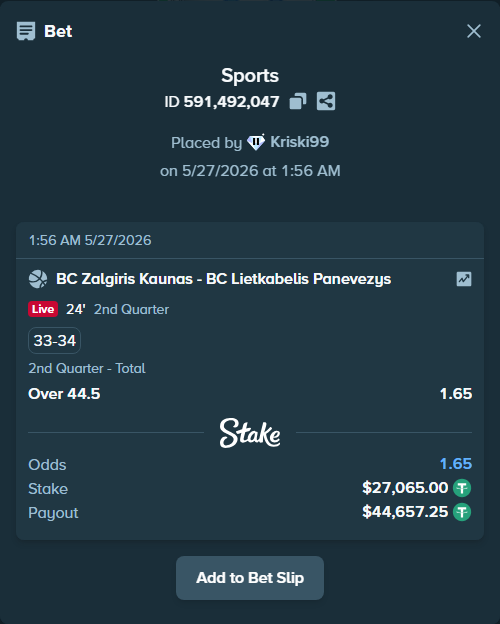 Bet slip: BC Zalgiris Kaunas - BC Lietkabelis Panevezys, $27,092.06 stake at 1.65 odds, placed by Kriski99
