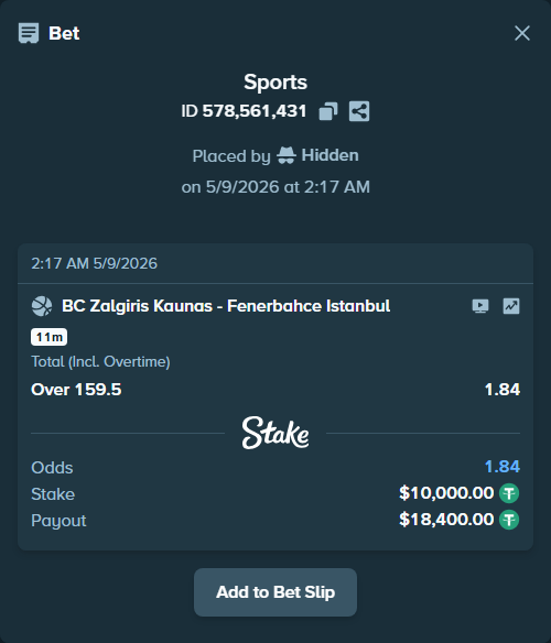 Bet slip: BC Zalgiris Kaunas - Fenerbahce Istanbul, $10,000.00 stake at 1.84 odds, placed by Hidden