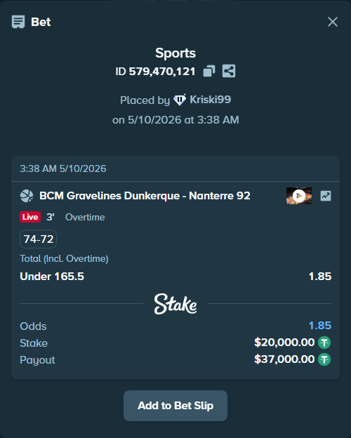 Bet slip: BCM Gravelines Dunkerque - Nanterre 92, $20,000.00 stake at 1.85 odds, placed by Kriski99