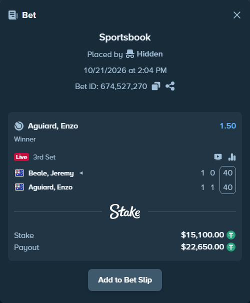 Bet slip: Beale, Jeremy - Aguiard, Enzo, $15,115.10 stake at 1.50 odds, placed by Hidden
