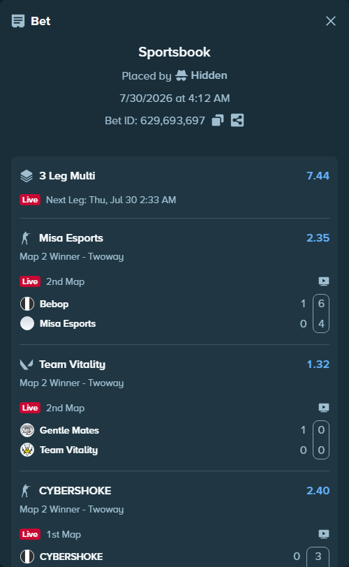Bet slip: Bebop - Misa Esports, $10,000.00 stake at 2.35 odds, placed by Hidden