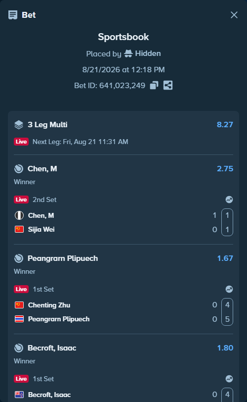 Bet slip: Becroft, Isaac - Fitriadi, M Rifqi, $10,008.00 stake at 1.80 odds, placed by Hidden