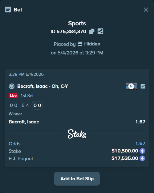 Bet slip: Becroft, Isaac - Oh, C-Y, $7,665.05 stake at 1.67 odds, placed by Hidden