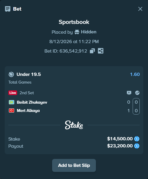 Bet slip: Beibit Zhukayev - Mert Alkaya, $14,500.00 stake at 1.60 odds, placed by Hidden