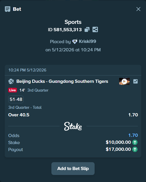 Bet slip: Beijing Ducks - Guangdong Southern Tigers, $10,000.00 stake at 1.70 odds, placed by Kriski99