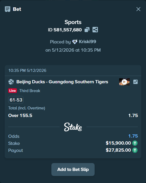 Bet slip: Beijing Ducks - Guangdong Southern Tigers, $15,900.00 stake at 1.75 odds, placed by Kriski99