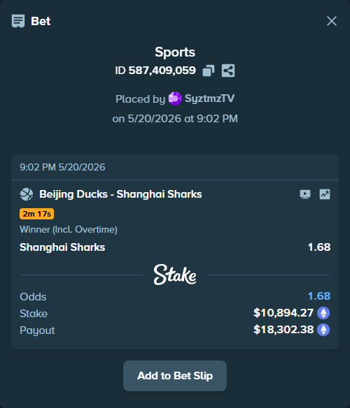 Bet slip: Beijing Ducks - Shanghai Sharks, $8,871.72 stake at 1.68 odds, placed by SyztmzTV