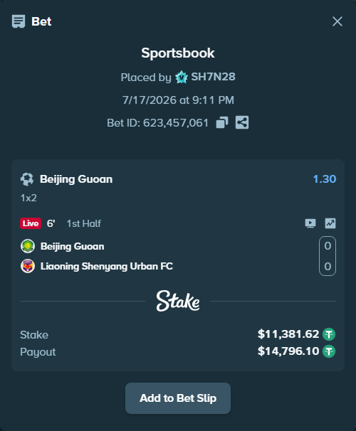 Bet slip: Beijing Guoan - Liaoning Tieren FC, $11,393.00 stake at 1.30 odds, placed by SH7N28