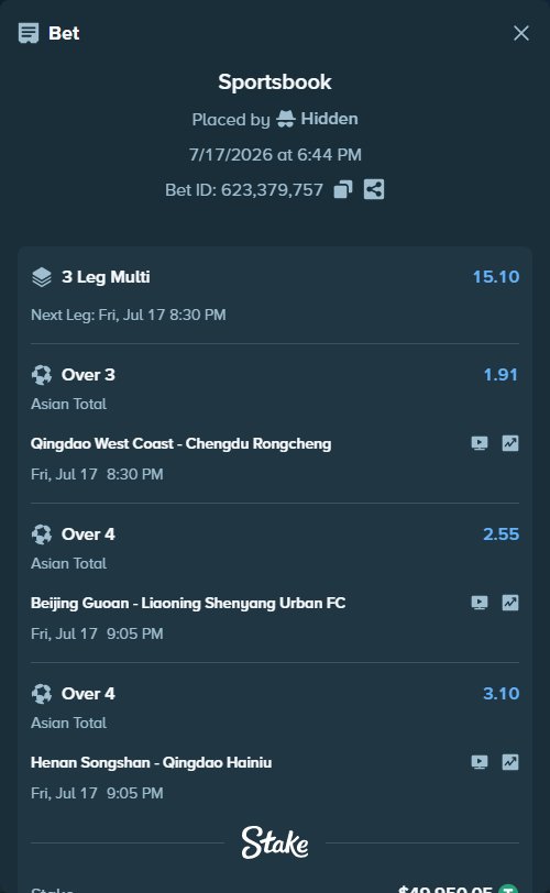 Bet slip: Beijing Guoan - Liaoning Tieren FC, $50,000.00 stake at 2.55 odds, placed by Hidden