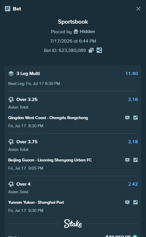 Bet slip: Beijing Guoan - Liaoning Tieren FC, $50,000.00 stake at 2.18 odds, placed by Hidden