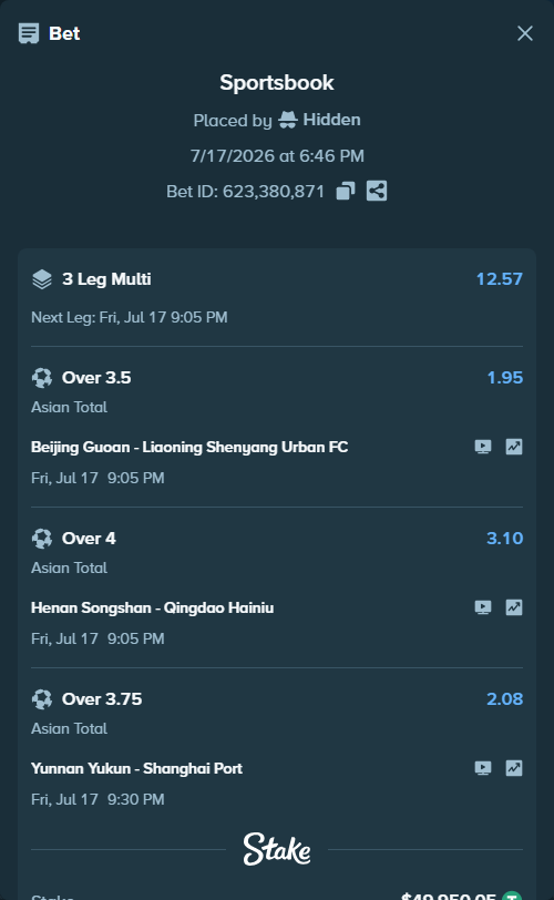 Bet slip: Beijing Guoan - Liaoning Tieren FC, $50,000.00 stake at 1.95 odds, placed by Hidden