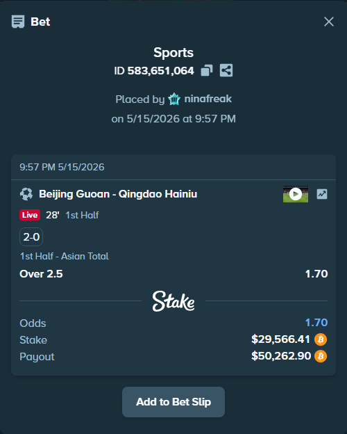 Bet slip: Beijing Guoan - Qingdao Hainiu, $23,551.44 stake at 1.70 odds, placed by ninafreak