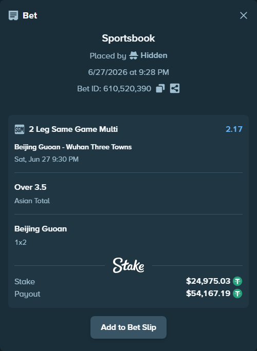 Bet slip: Beijing Guoan - Wuhan Three Towns, $25,000.00 stake at 1.81 odds, placed by Hidden