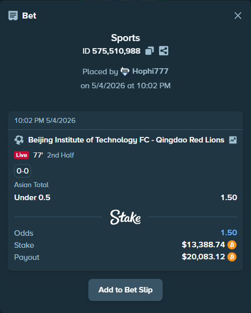 Bet slip: Beijing Institute of Technology - Qingdao Red Lions, $10,921.72 stake at 1.50 odds, placed by Hophi777