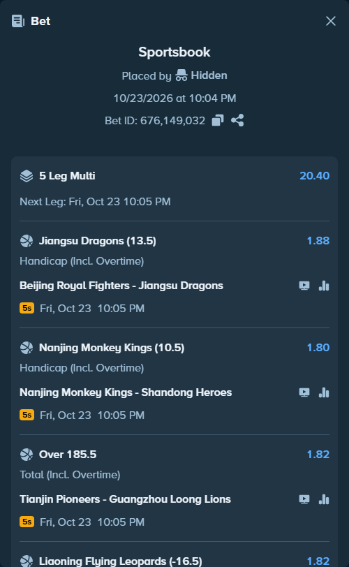 Bet slip: Beijing Royal Fighters - Jiangsu Dragons, $12,512.50 stake at 1.88 odds, placed by Hidden