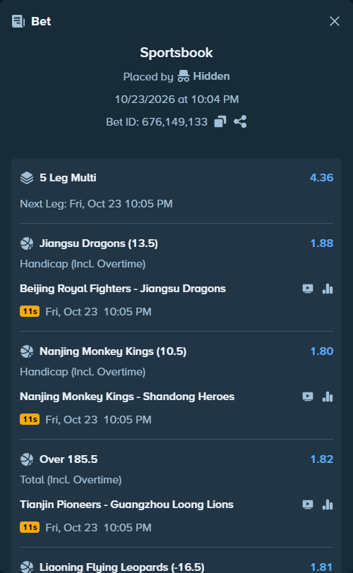 Bet slip: Beijing Royal Fighters - Jiangsu Dragons, $22,559.71 stake at 1.88 odds, placed by Hidden