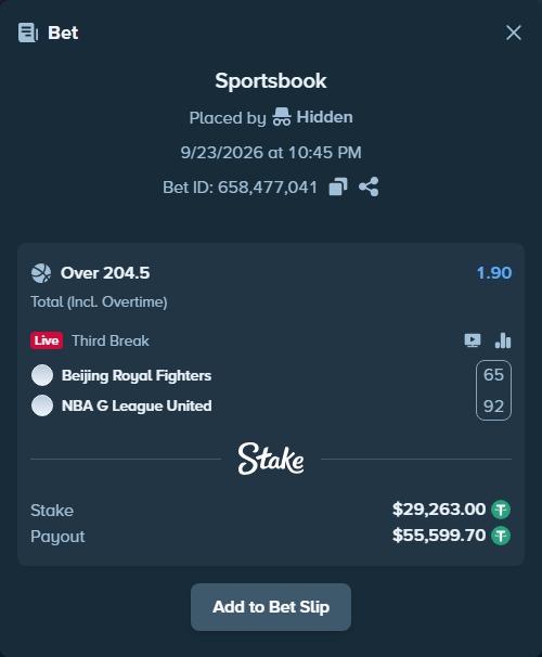 Bet slip: Beijing Royal Fighters - NBA G League United, $29,263.00 stake at 1.90 odds, placed by Hidden