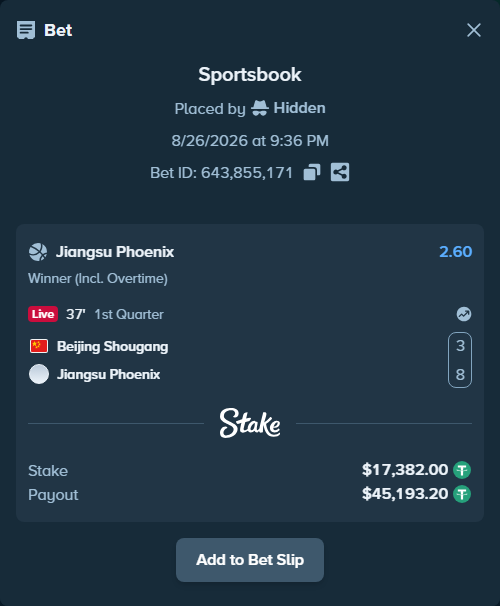 Bet slip: Beijing Shougang - Jiangsu Phoenix, $17,382.00 stake at 2.60 odds, placed by Hidden