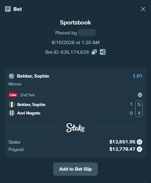 Bet slip: Bekker, Sophie - Nagata, A, $12,712.20 stake at 1.01 odds, placed by GucciBra