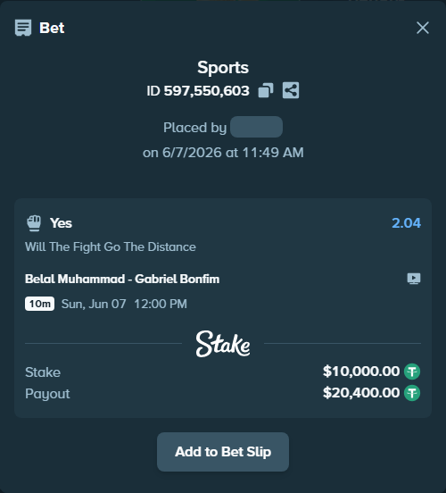 Bet slip: Belal Muhammad - Gabriel Bonfim, $10,000.00 stake at 2.04 odds, placed by alibaba79