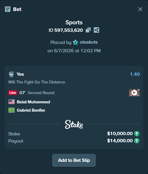 Bet slip: Belal Muhammad - Gabriel Bonfim, $10,000.00 stake at 1.40 odds, placed by oteskots