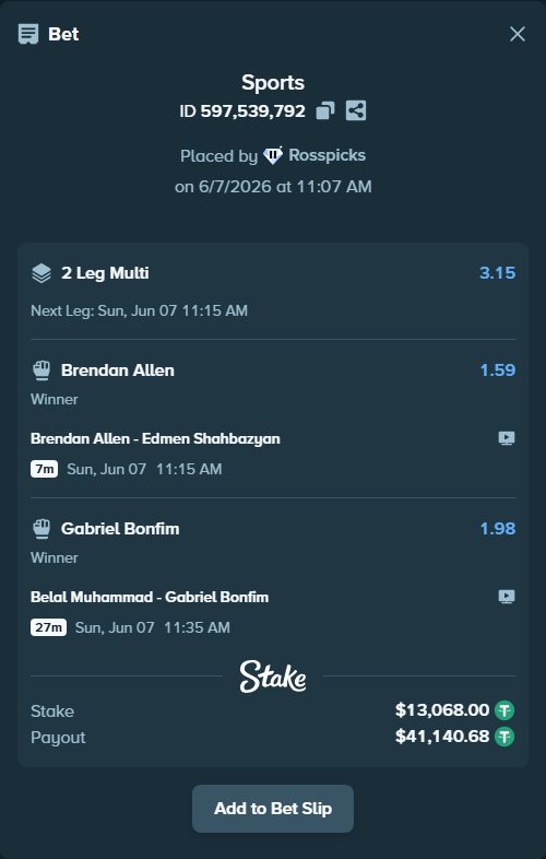 Bet slip: Belal Muhammad - Gabriel Bonfim, $13,068.00 stake at 1.98 odds, placed by Rosspicks