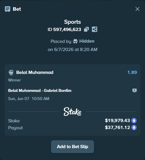 Bet slip: Belal Muhammad - Gabriel Bonfim, $22,283.88 stake at 1.89 odds, placed by Hidden
