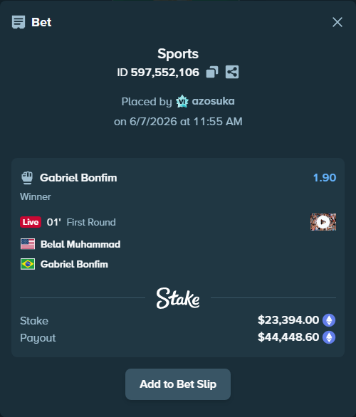 Bet slip: Belal Muhammad - Gabriel Bonfim, $25,512.10 stake at 1.90 odds, placed by azosuka