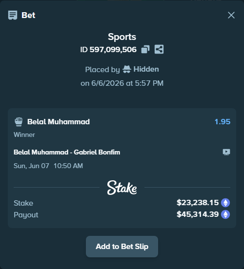 Bet slip: Belal Muhammad - Gabriel Bonfim, $25,575.90 stake at 1.95 odds, placed by Hidden