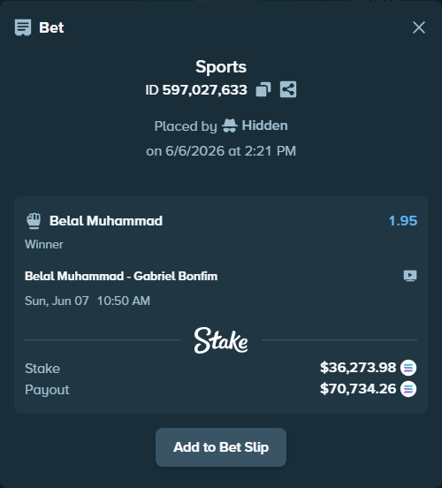 Bet slip: Belal Muhammad - Gabriel Bonfim, $43,910.77 stake at 1.95 odds, placed by Hidden